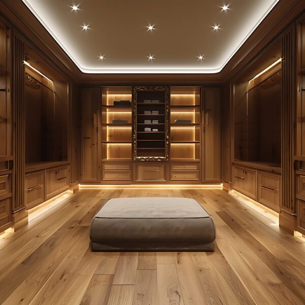 A luxurious walk-in closet with wood paneling, shelves, drawers, and warm lighting.